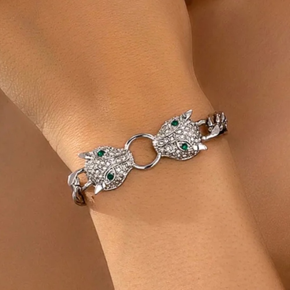 Silver Crystal Panther Head Chain Bracelet with Green Eyes - Picture 2 of 5